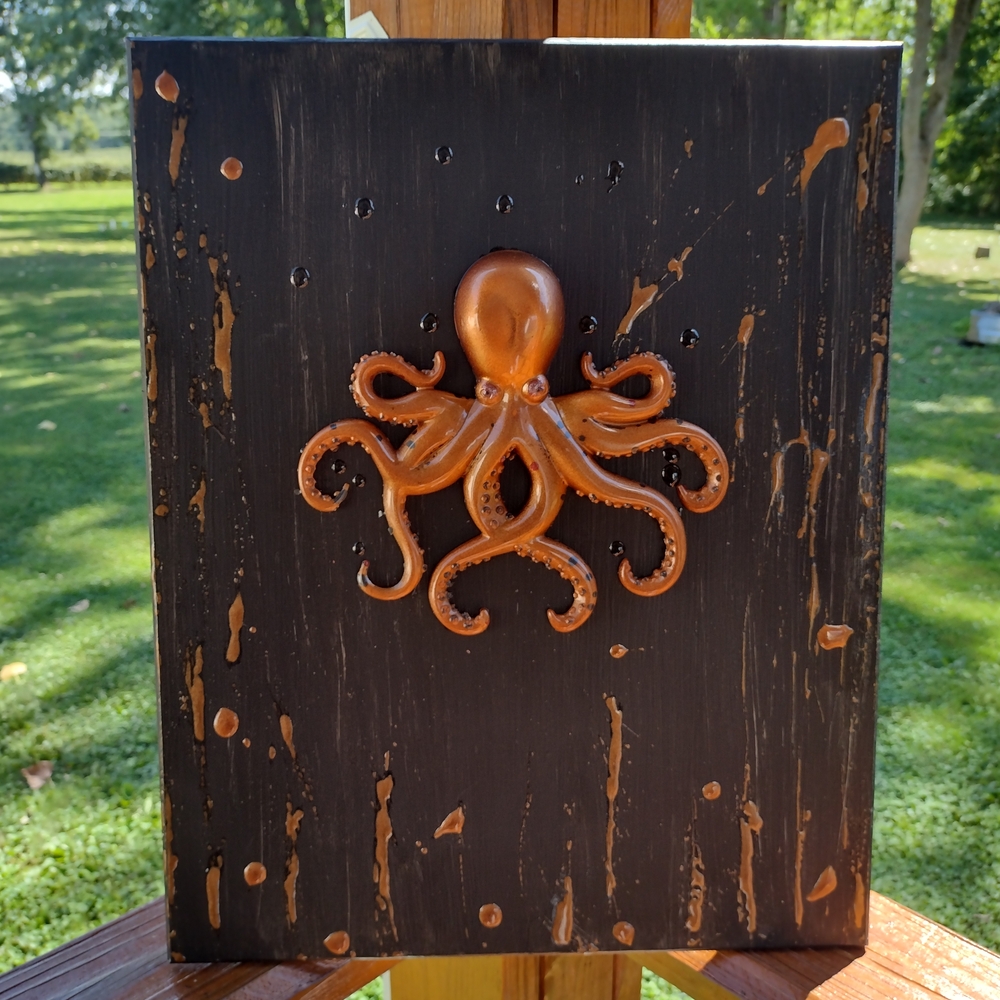 Octopus In Copper On Wood Canvas, (Large)